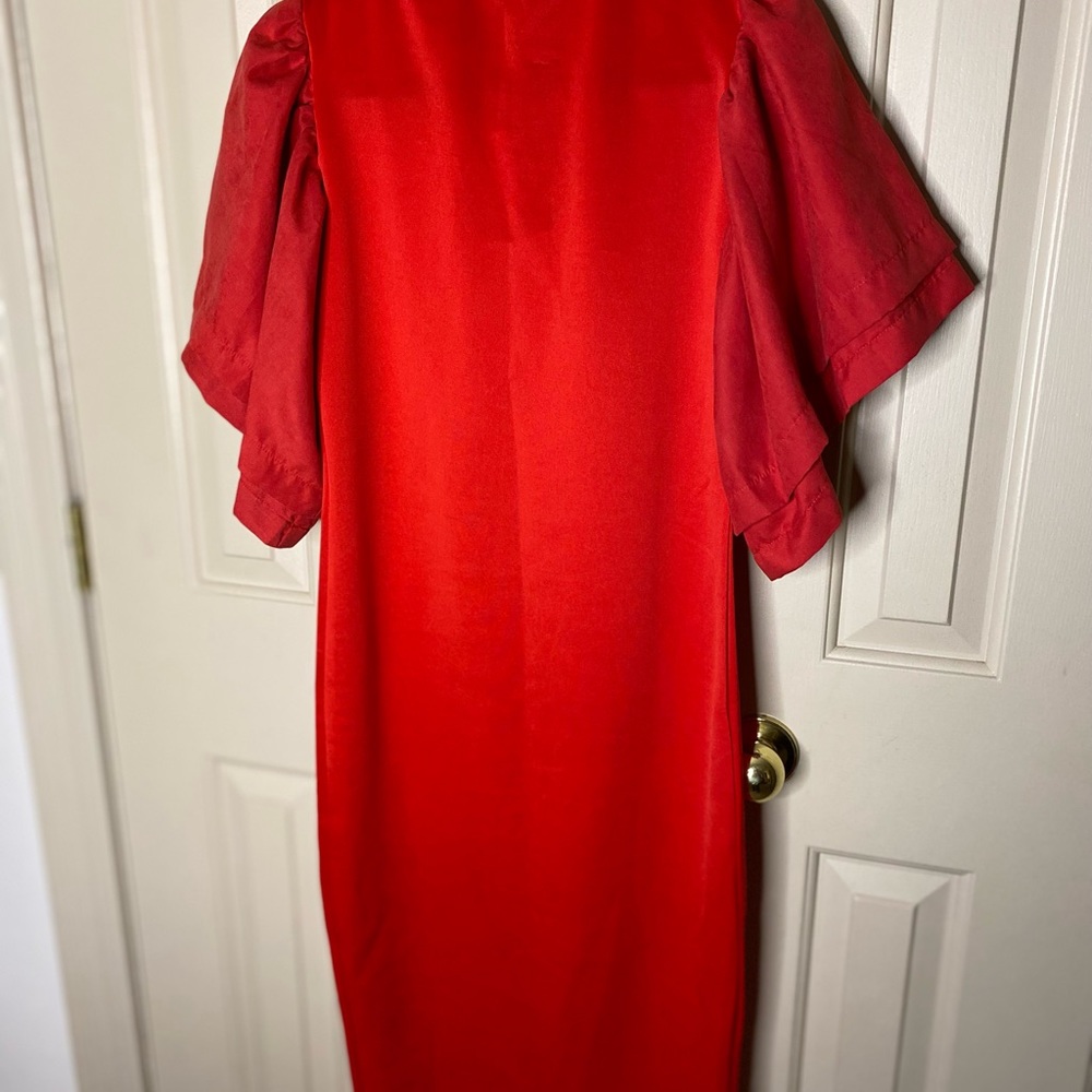 Red, ruffle sleeve, bow tie, faux suede dress, Medium. - Picture 3 of 3